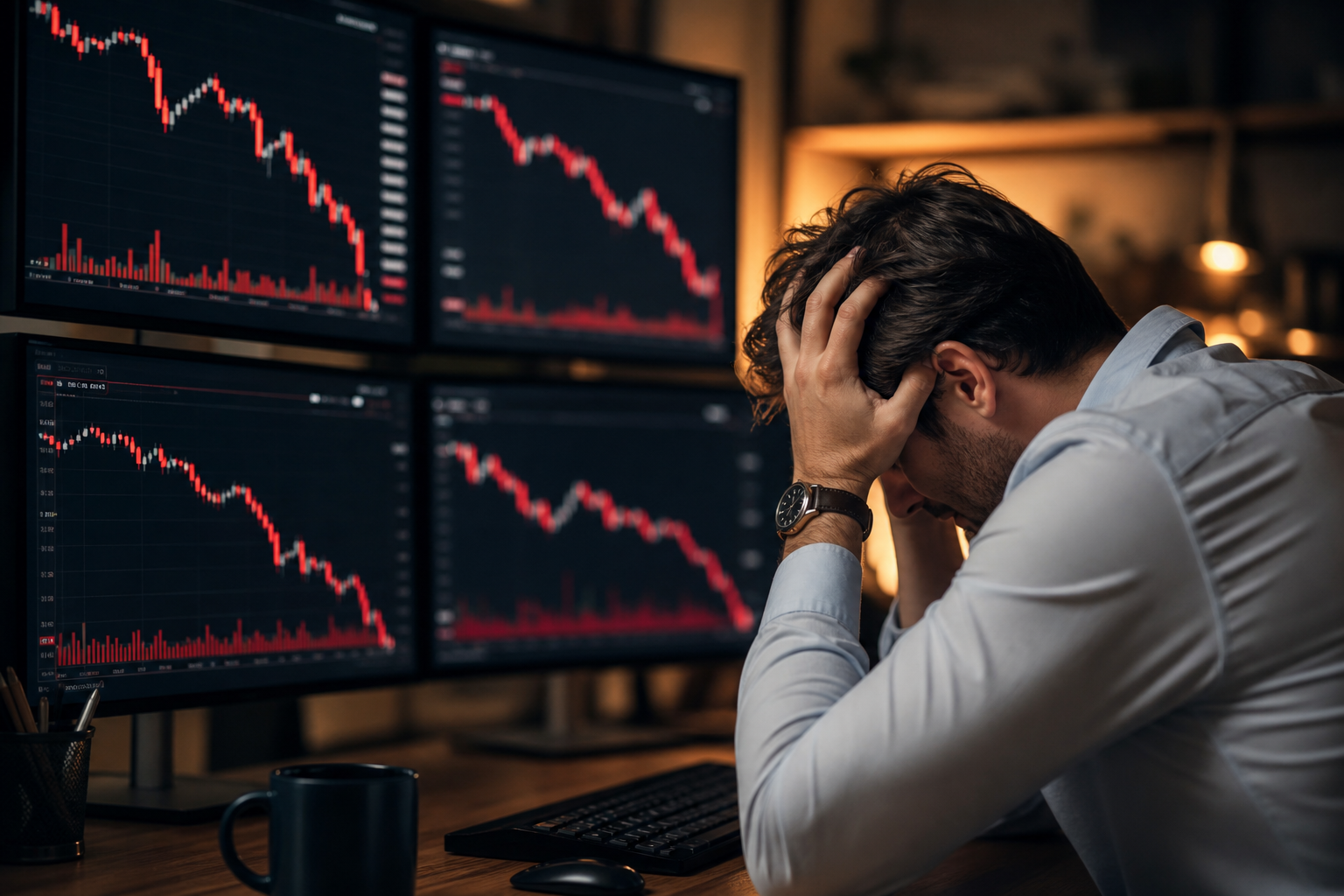 Trader frustrado frente a graficos en rojo y control emocional en el trading